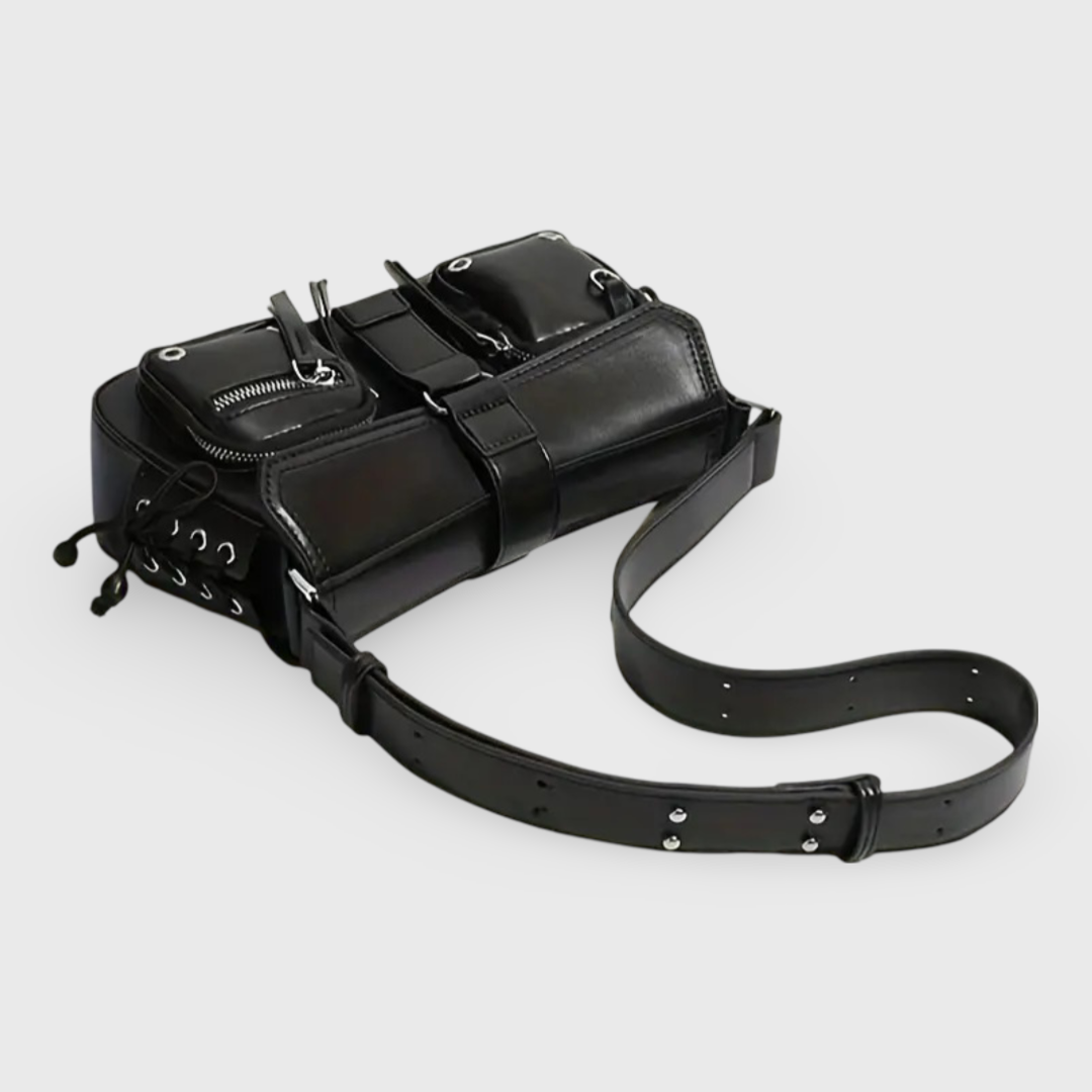 Lace Studded Utility Shoulder Bag in Black