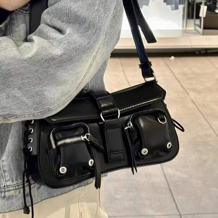 Lace Studded Utility Shoulder Bag in Black