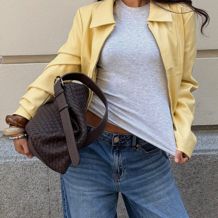 Rhea Oversized Woven Shoulder Bag in Brown
