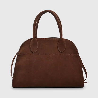 Moire Suede Structured Bowler Bag in Brown