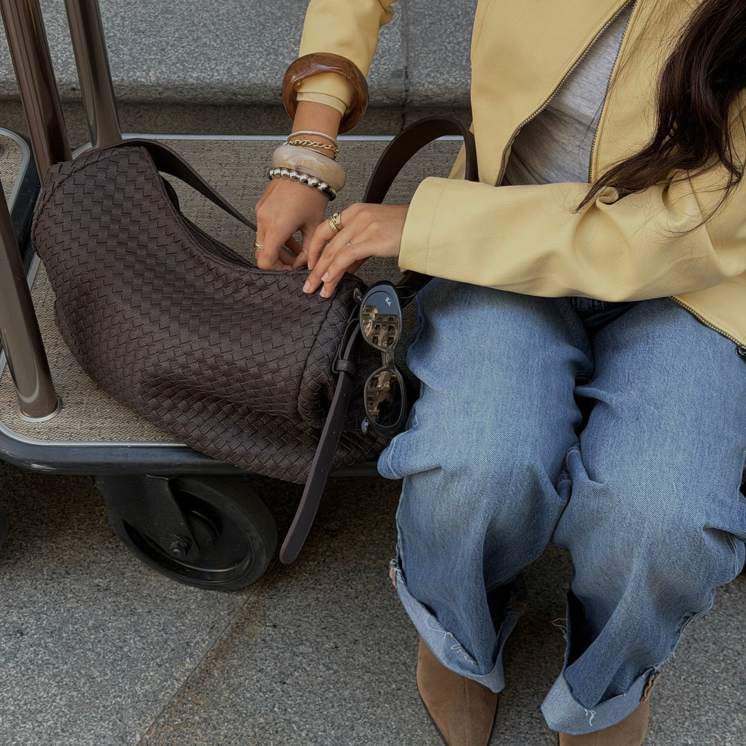 Rhea Oversized Woven Shoulder Bag in Brown
