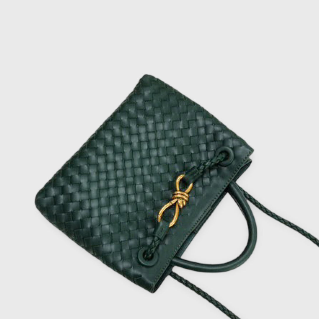 Bibi Woven Vegan Leather Top Handle Bag in Dark Green