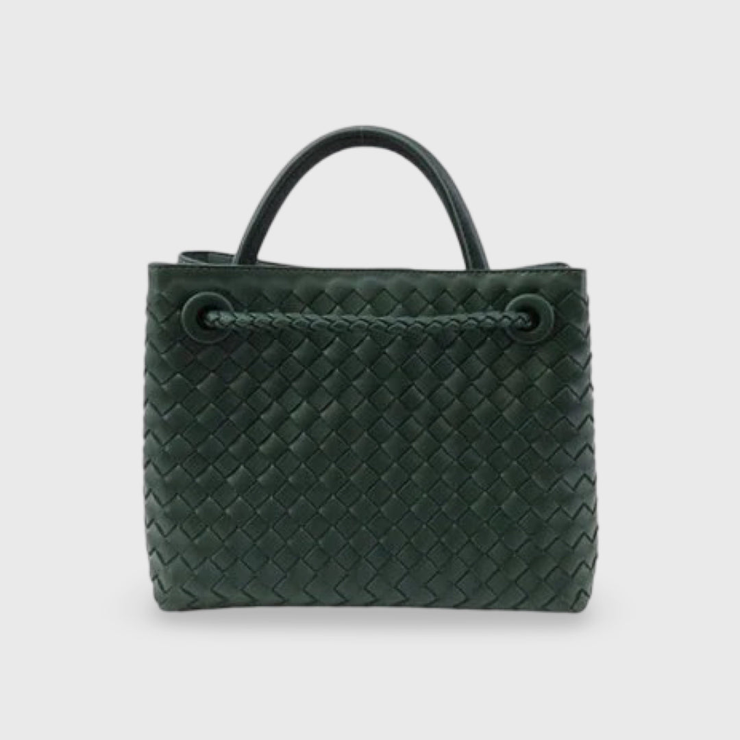 Bibi Woven Vegan Leather Top Handle Bag in Dark Green