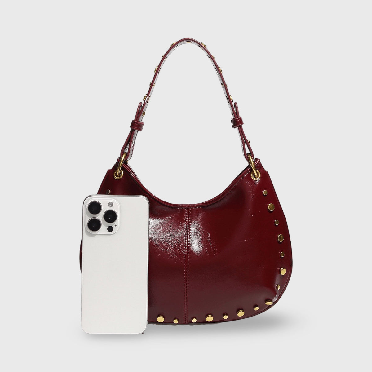 Nour Studded Hobo Shoulder Bag in Burgundy