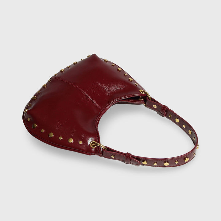 Nour Studded Hobo Shoulder Bag in Burgundy