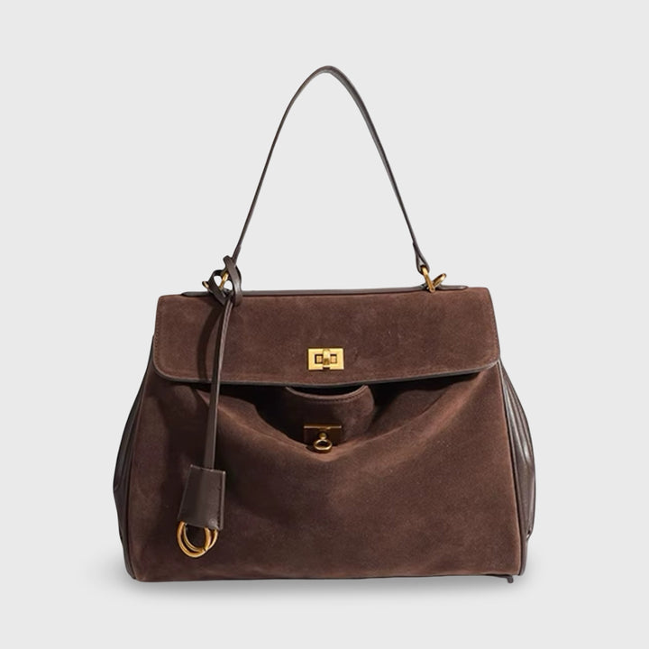 Ciara Faux Suede Satchel Top Handle in Brown