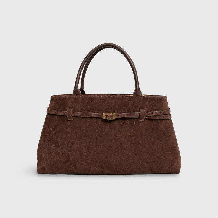 Lara Faux Suede Structured Top Handle Bag in Dark Brown