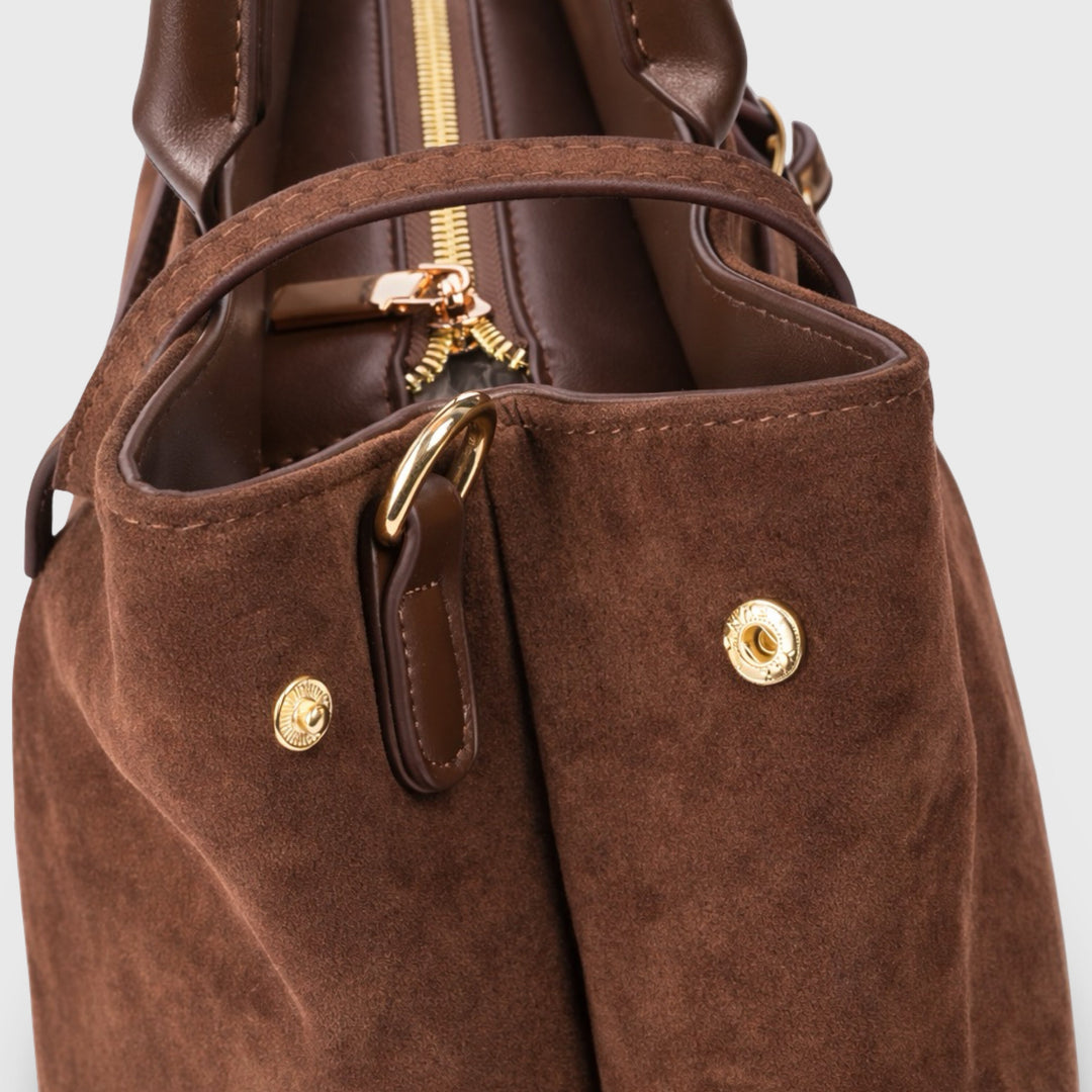 Lara Faux Suede Structured Top Handle Bag in Dark Brown