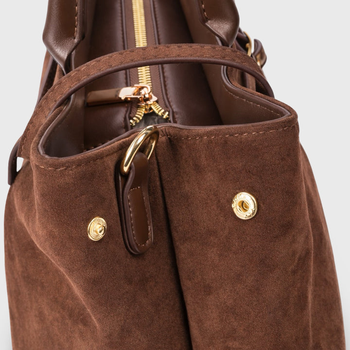 Lara Faux Suede Structured Top Handle Bag in Dark Brown