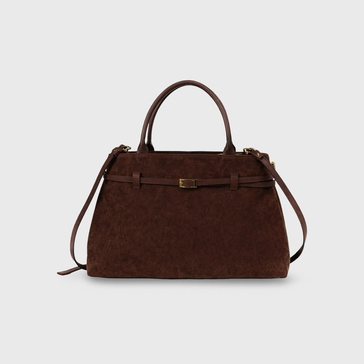 Lara Faux Suede Structured Top Handle Bag in Dark Brown