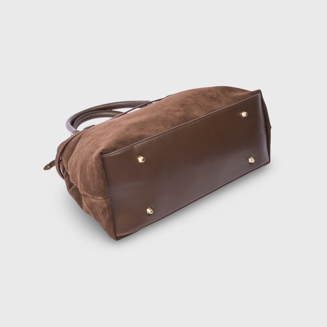 Lara Faux Suede Structured Top Handle Bag in Dark Brown