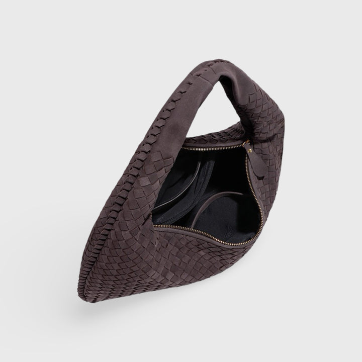 Woven Oversized Faux Suede Shoulder Bag in Aubergine