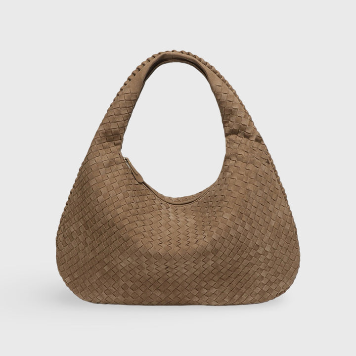 Woven Oversized Faux Suede Shoulder Bag in Taupe