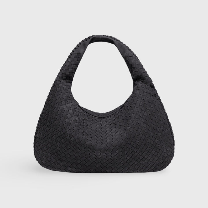 Woven Oversized Faux Suede Shoulder Bag in Black
