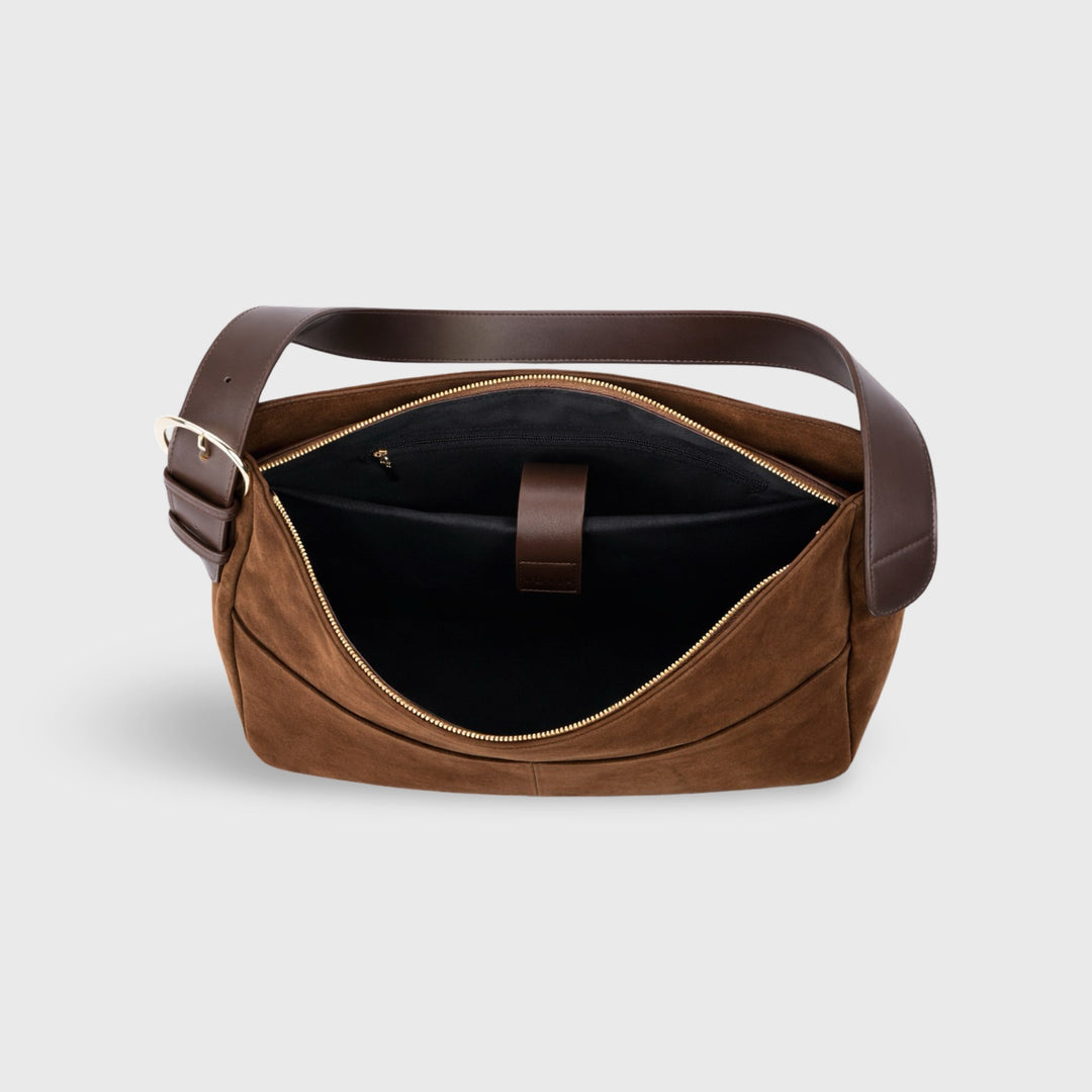 Rhea Oversized Faux Suede Shoulder Bag in Brown