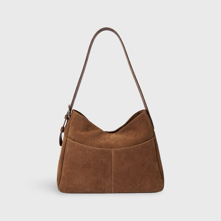 Rhea Oversized Faux Suede Shoulder Bag in Brown