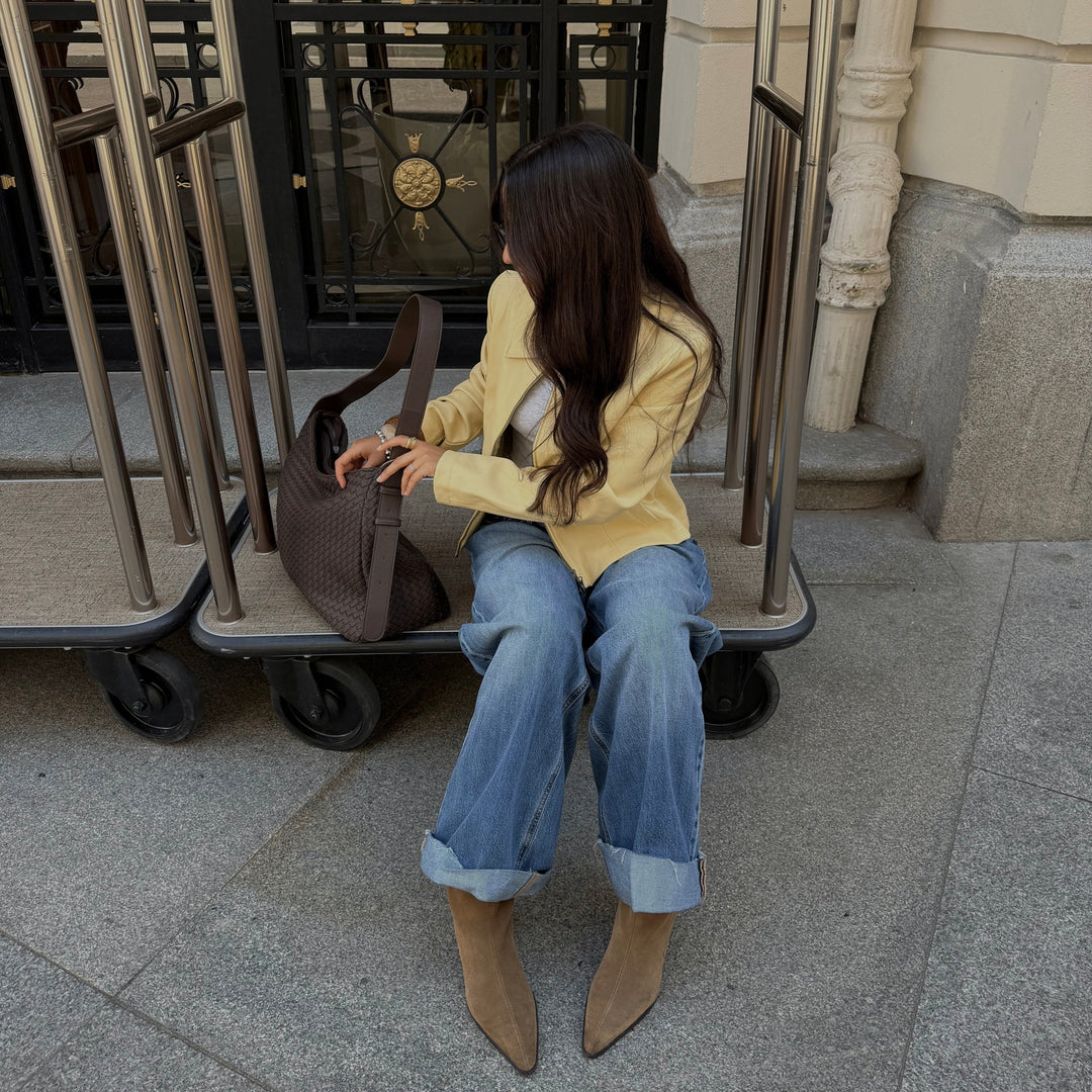 Rhea Oversized Woven Shoulder Bag in Brown