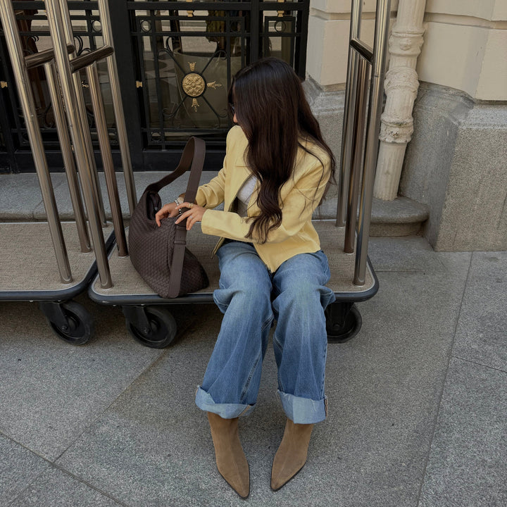 Rhea Oversized Woven Shoulder Bag in Brown
