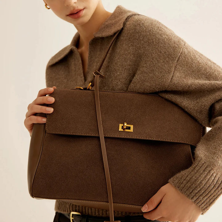 Ciara Premium Faux Suede Top Handle Bag in Brown