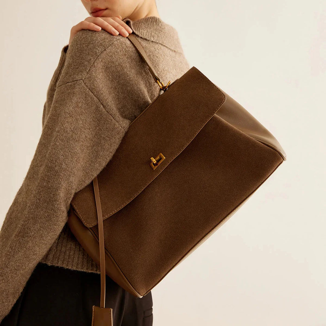 Ciara Premium Faux Suede Top Handle Bag in Brown
