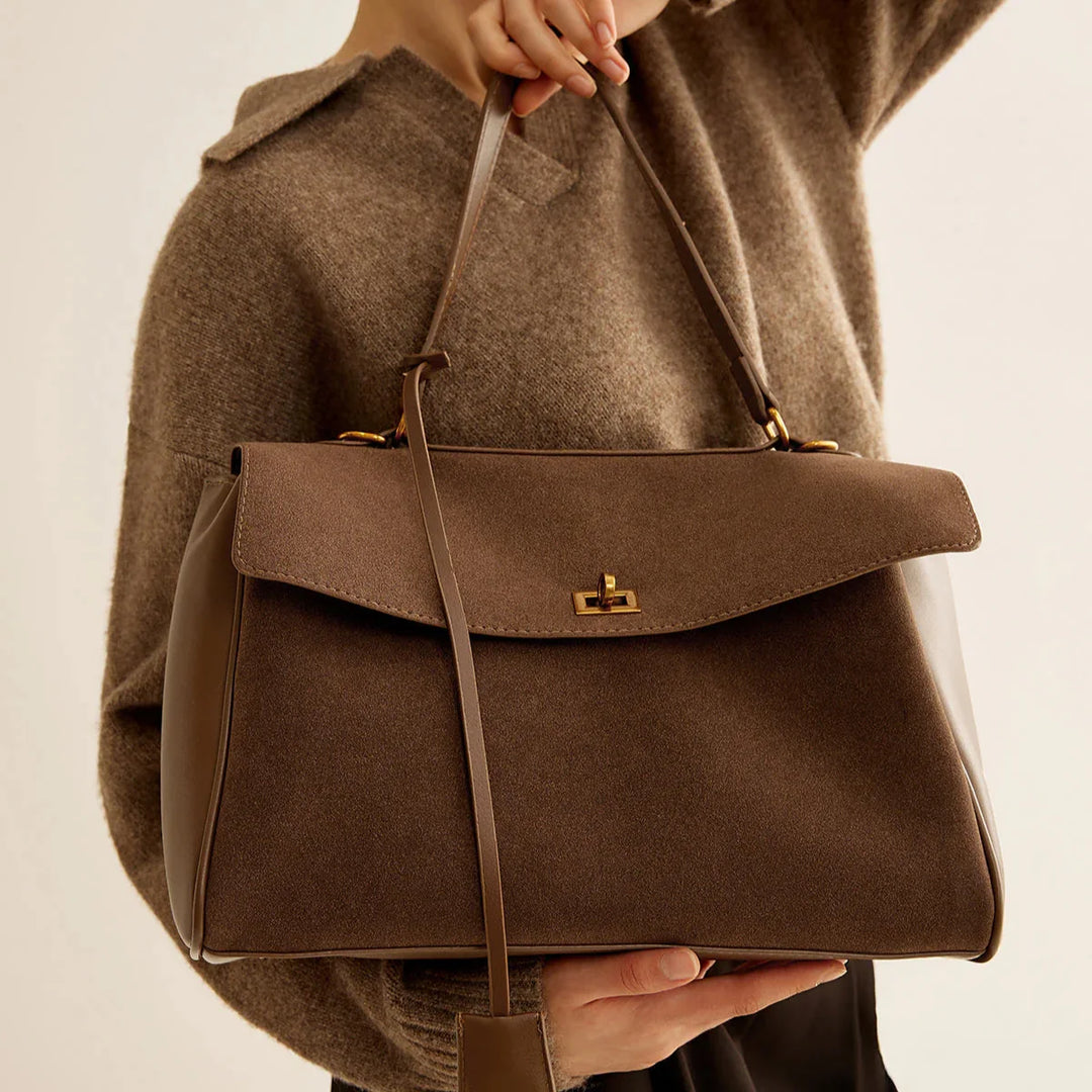 Ciara Premium Faux Suede Top Handle Bag in Brown