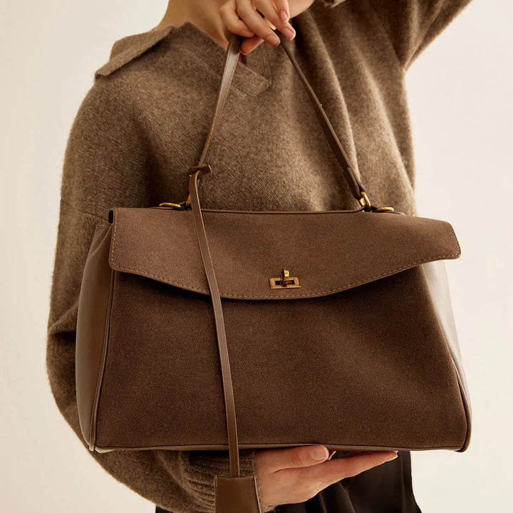 Ciara Premium Faux Suede Top Handle Bag in Brown