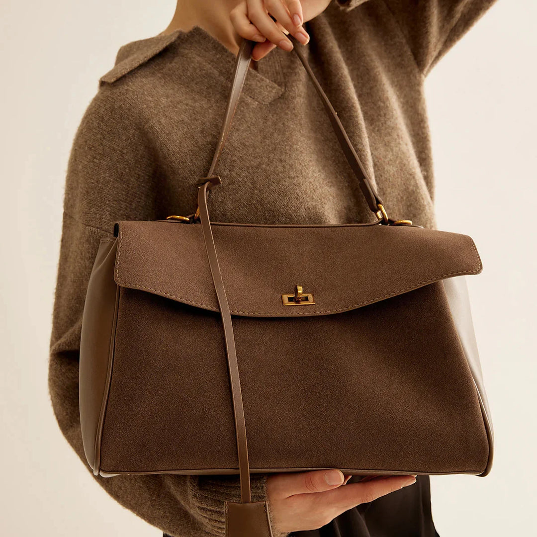 Ciara Premium Faux Suede Top Handle Bag in Brown
