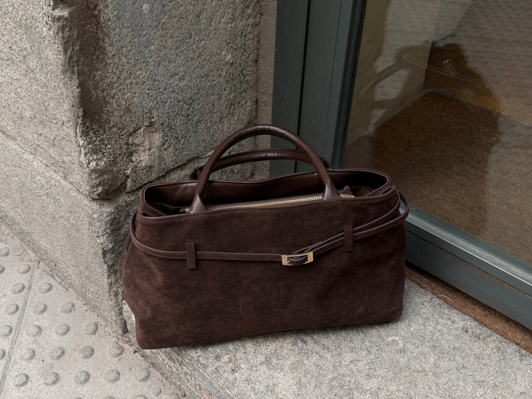 Lara Faux Suede Structured Top Handle Bag in Dark Brown