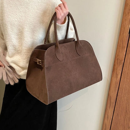 Moire Suede Structured Bowler Bag in Dark Brown