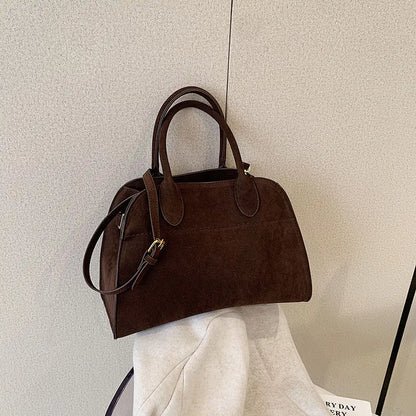 Moire Suede Structured Bowler Bag in Dark Brown
