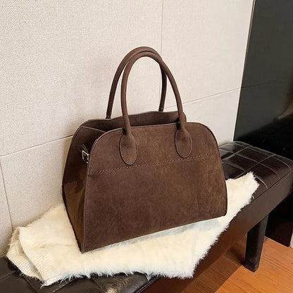 Moire Suede Structured Bowler Bag in Dark Brown