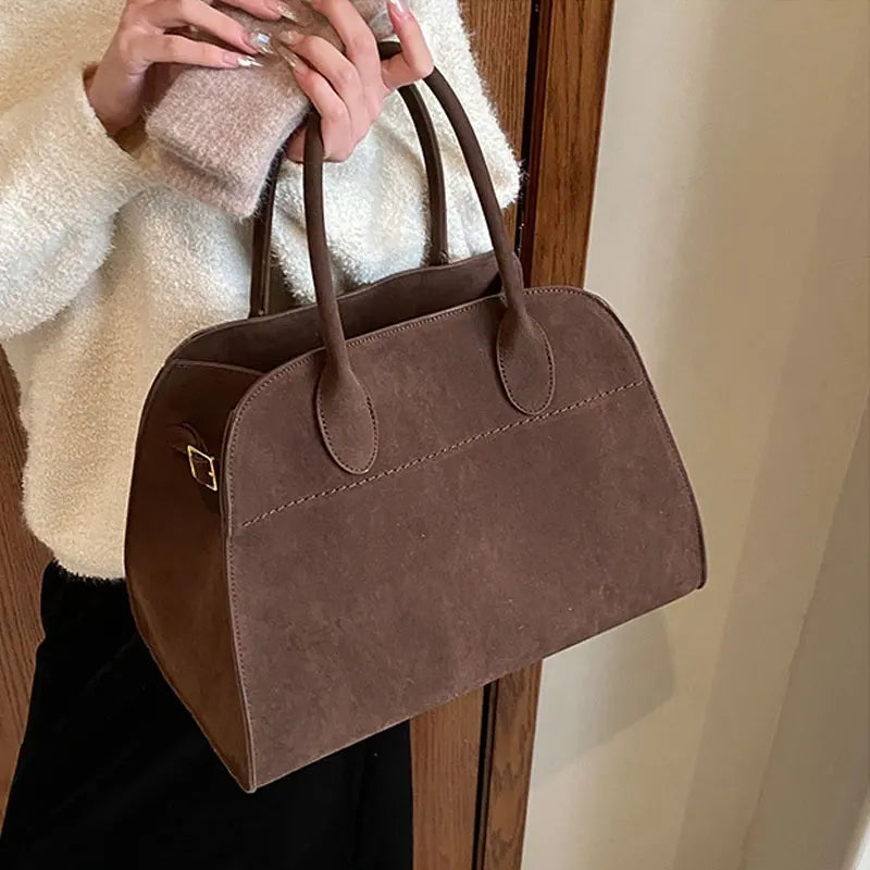 Moire Suede Structured Bowler Bag in Dark Brown