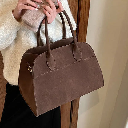 Moire Suede Structured Bowler Bag in Dark Brown