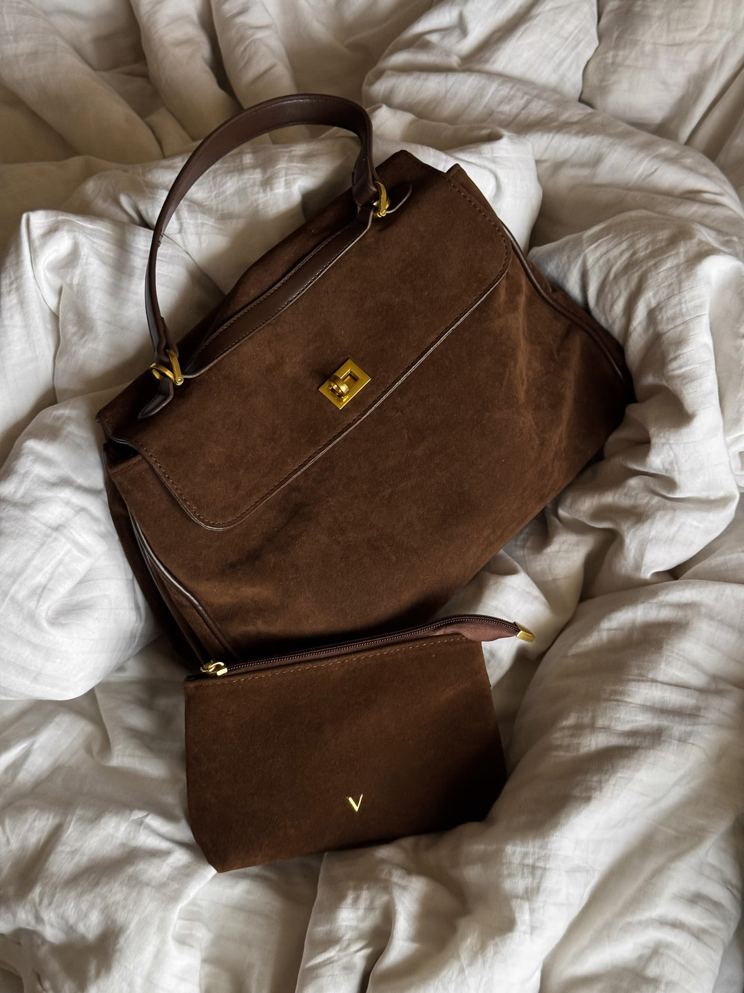 Ciara Faux Suede Top Handle Bag in Brown