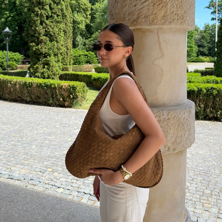 Woven Oversized Faux Suede Shoulder Bag in Taupe