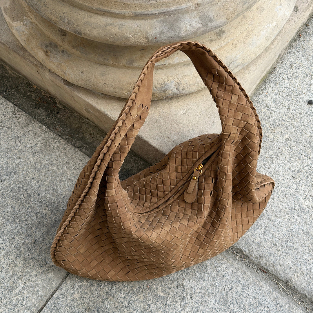 Woven Oversized Faux Suede Shoulder Bag in Taupe