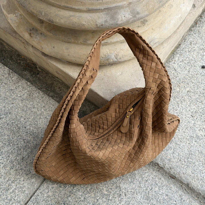 Woven Oversized Faux Suede Shoulder Bag in Taupe