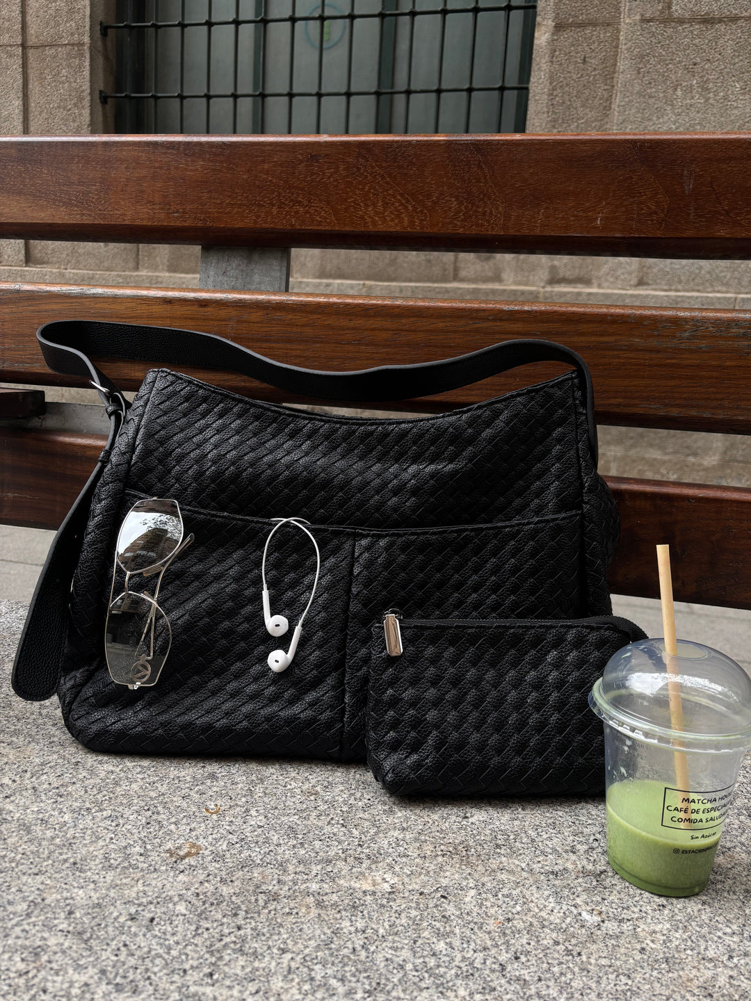 Rhea Oversized Woven Shoulder Bag in Navy