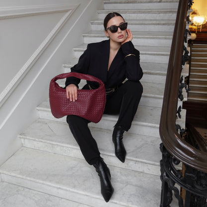 Woven Oversized Shoulder Bag in Burgundy