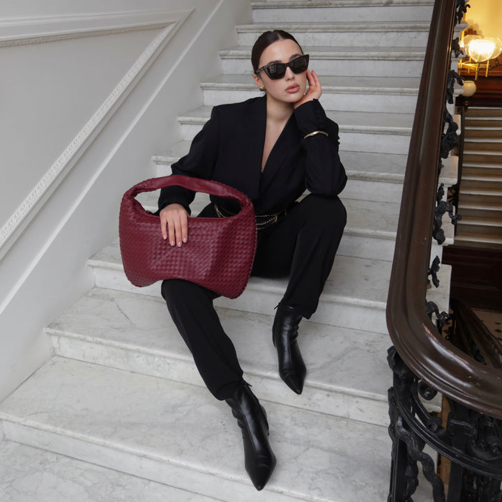 Woven Oversized Shoulder Bag in Burgundy