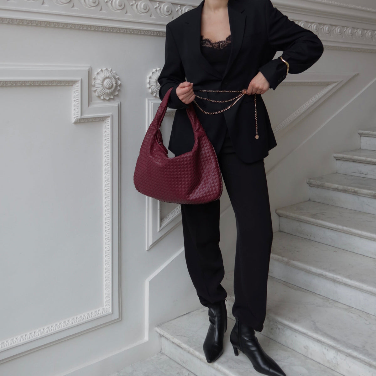 Woven Oversized Shoulder Bag in Burgundy