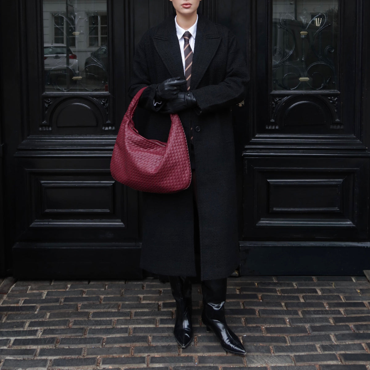Woven Oversized Shoulder Bag in Burgundy
