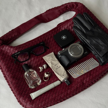 Woven Oversized Shoulder Bag in Burgundy