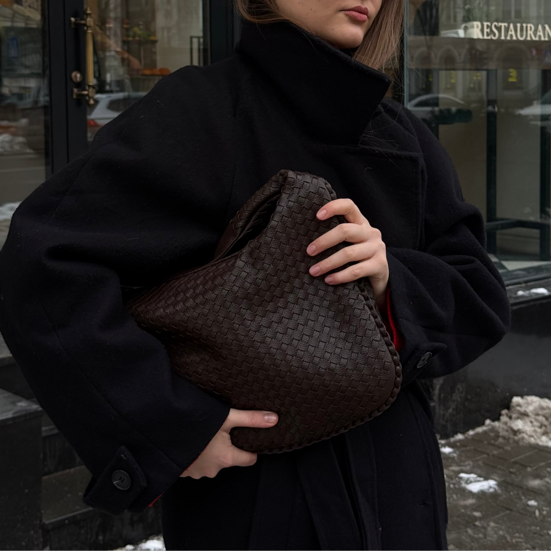 Woven Oversized Shoulder Bag in Dark Brown