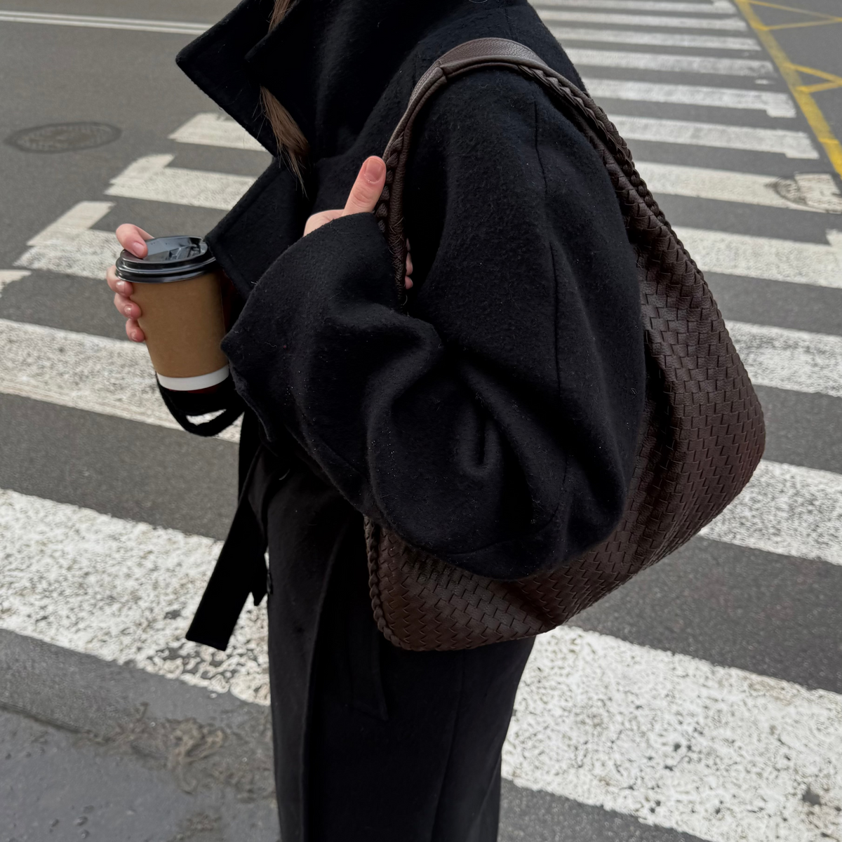 Woven Oversized Shoulder Bag in Dark Brown