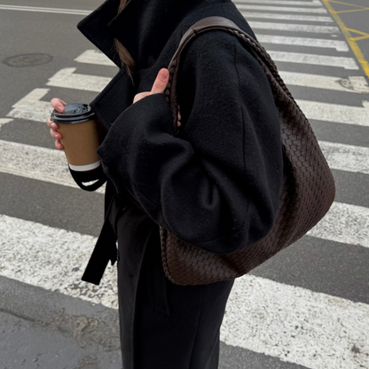 Woven Oversized Shoulder Bag in Dark Brown