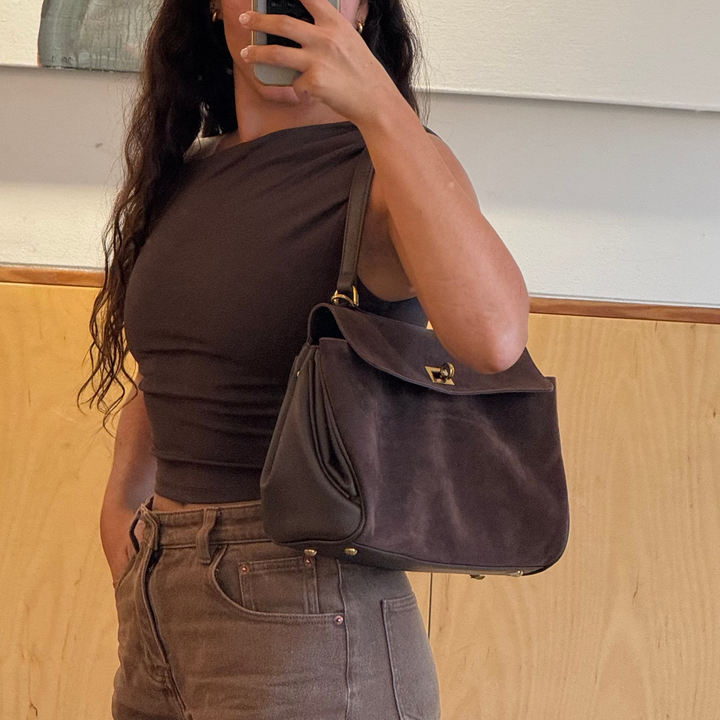 Ciara Faux Suede Satchel Top Handle in Brown