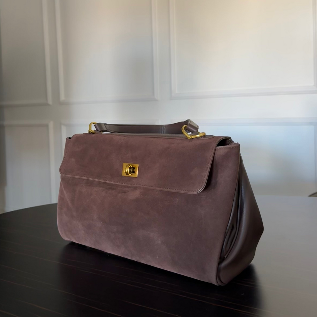 Ciara Faux Suede Satchel Top Handle in Brown