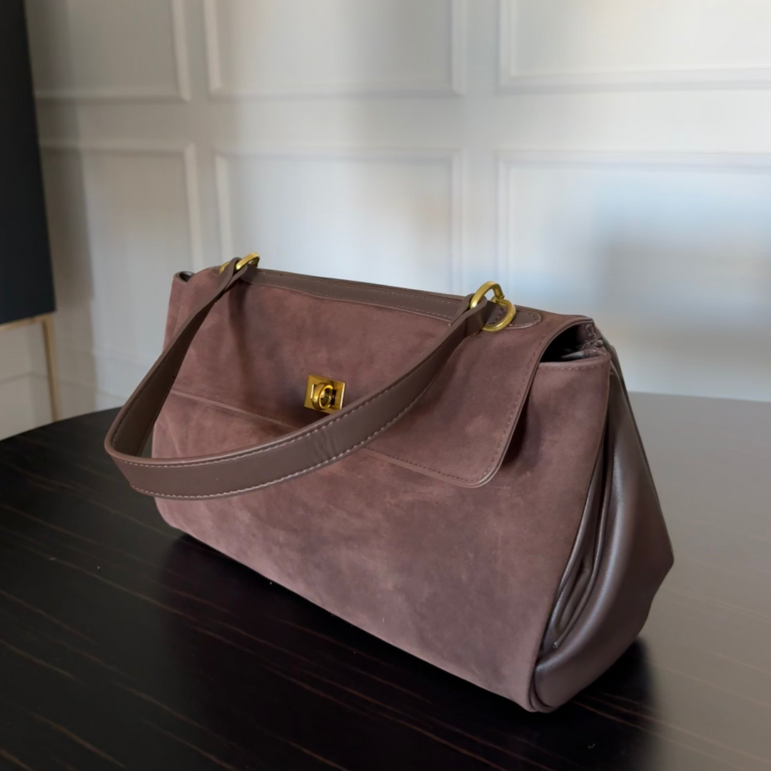 Ciara Faux Suede Satchel Top Handle in Brown