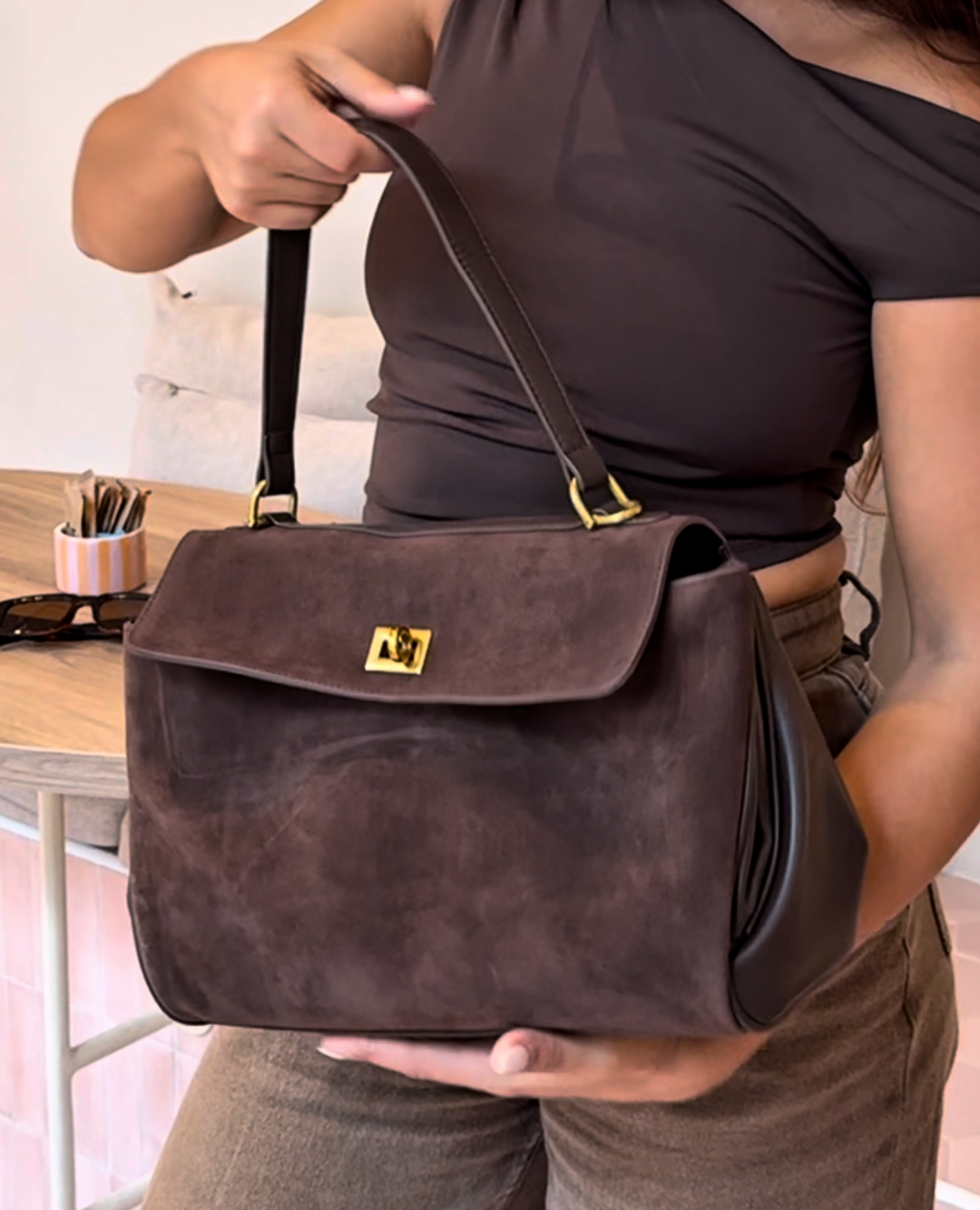 Ciara Faux Suede Satchel Top Handle in Brown
